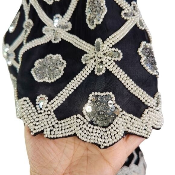 VTG Pearl Beaded Sequenced Lawrence Kazar Black Short Sleeve Formal SILK Top - Picture 3 of 10